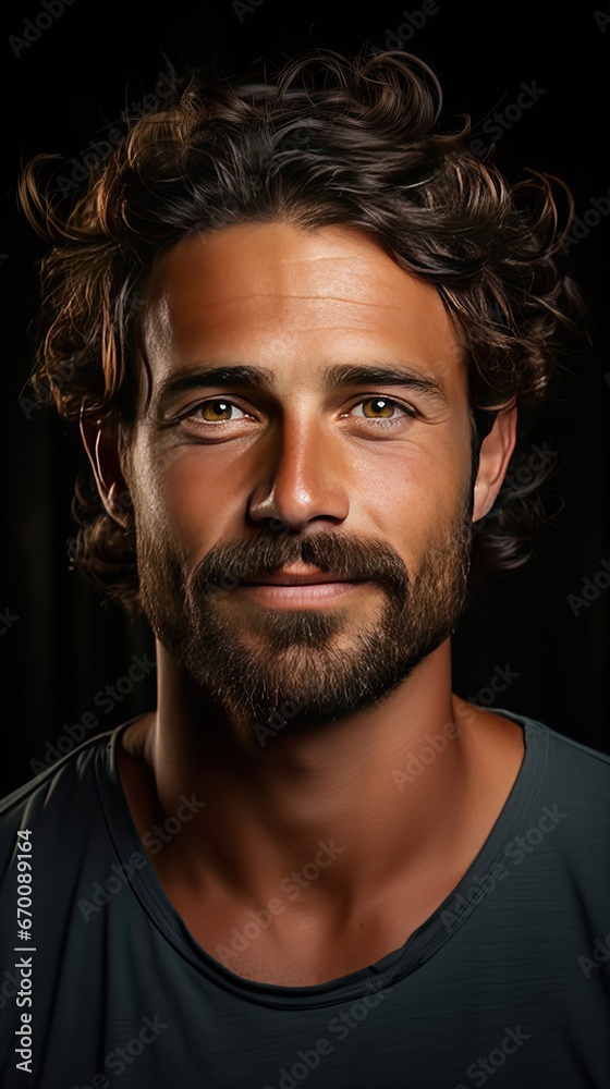 Close up portrait of smiling handsome man in blue t-shirt on background. Man face portrait illustration. Generative AI Close up portrait of smiling handsome man in blue t-shirt on background. Man face portrait illustration. Generative AI