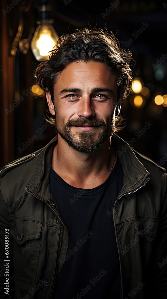 Fototapeta premium Casually handsome. Confident young handsome man in jeans shirt keeping arms crossed and smiling while standing against background. Man portrait illustration. Generative AI