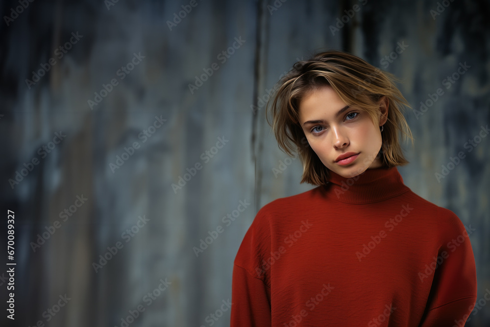 jeune modèle brune portant un pullover rouge sur fond bleu grunge avec espace pour texte - obrazy, fototapety, plakaty 