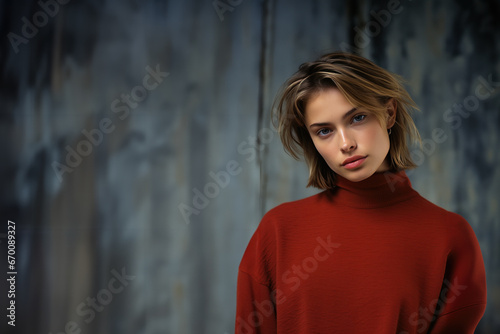 jeune modèle brune portant un pullover rouge sur fond bleu grunge avec espace pour texte
