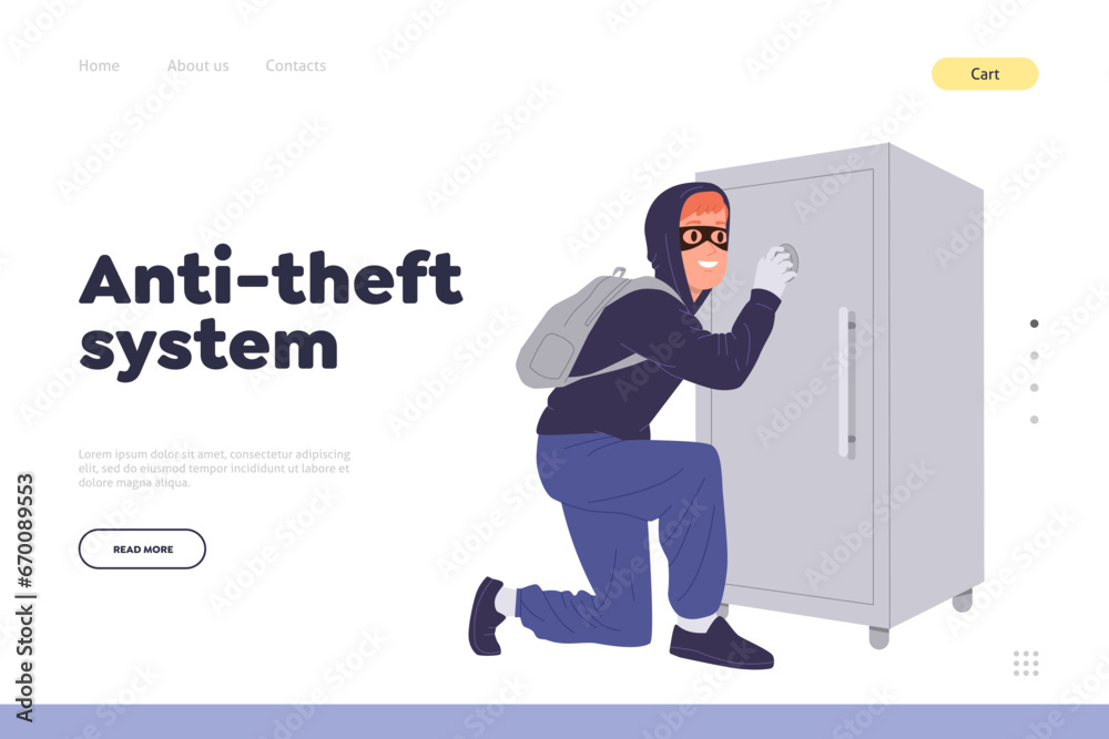 Anti-theft system online service landing page design template offers tools to prevent hacker attack