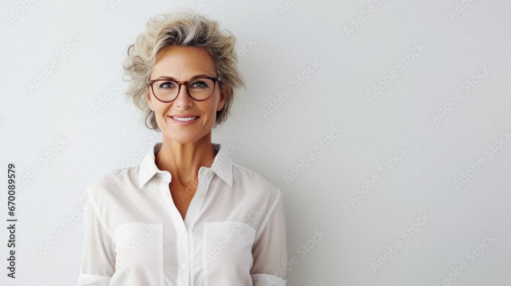 Portrait of a smiling stylish mature businesswoman standing with hands in pockets.