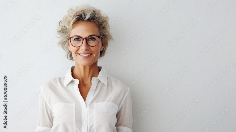 Portrait of a smiling stylish mature businesswoman standing with hands in pockets. Portrait of a smiling stylish mature businesswoman standing with hands in pockets.