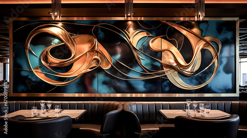 A person admires unique artwork displayed at a restaurant bar.