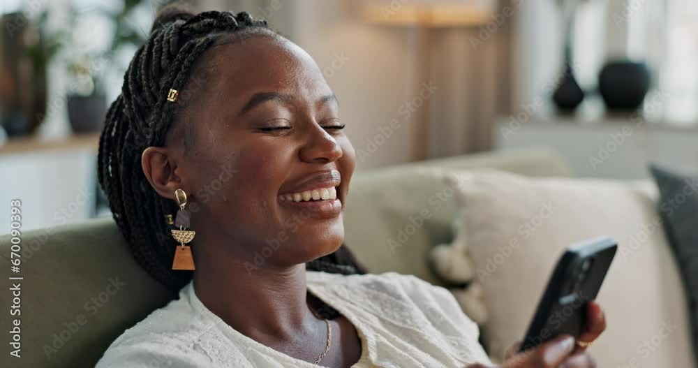 Funny, smile and black woman on a couch, cellphone or connection with social media, comedy post or laugh. African person, apartment or girl on sofa, smartphone or mobile user with humor, home or joke