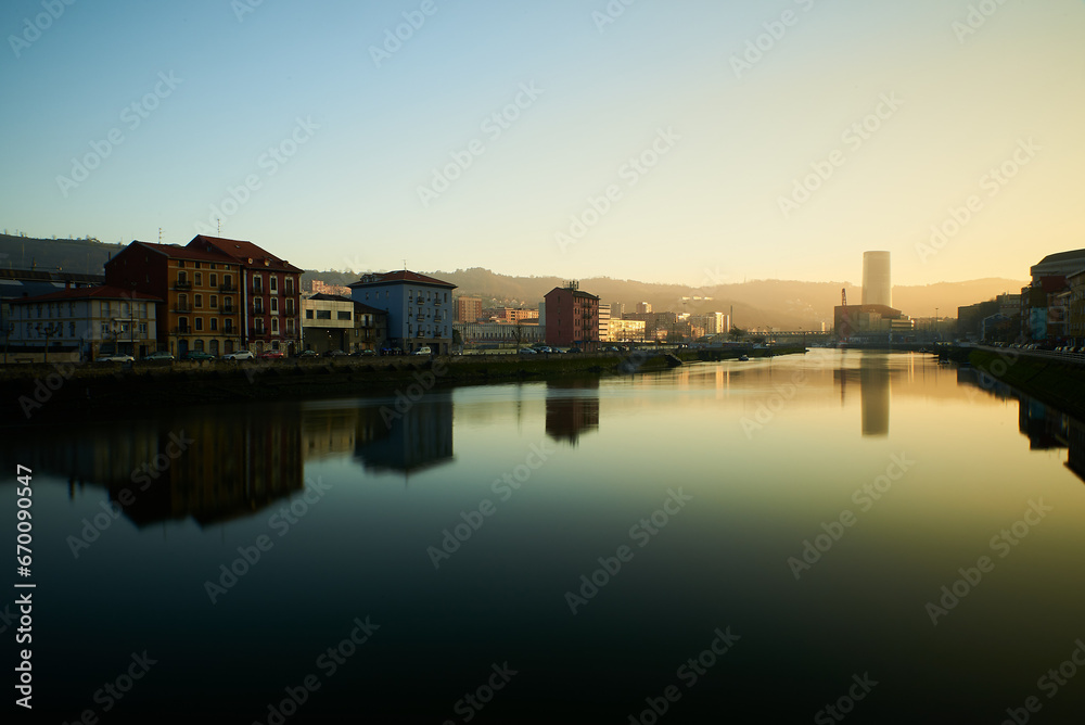 View of the two banks of the river Nervión in the sunrise