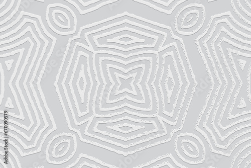 Embossed white background, cover design. Boho style, handmade. Geometric ethnic unique 3D pattern, doodling, zentangle. Press paper, leather. Ornaments of the East, Asia, India, Mexico, Aztec, Peru.