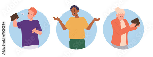 Isolated set of round icon composition with upset unhappy poor diverse people having no money