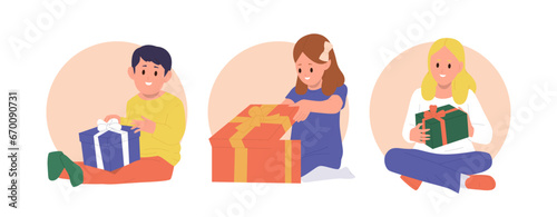 Isolated set of round icon composition with happy children character holding or opening gift box © Iryna Petrenko