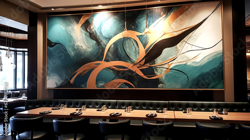 A person admires the art displayed at a restaurant bar. The colorful and eclectic pieces add character to the space.