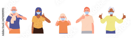 Happy people characters adults and children wearing protective medical mask showing ok gesture