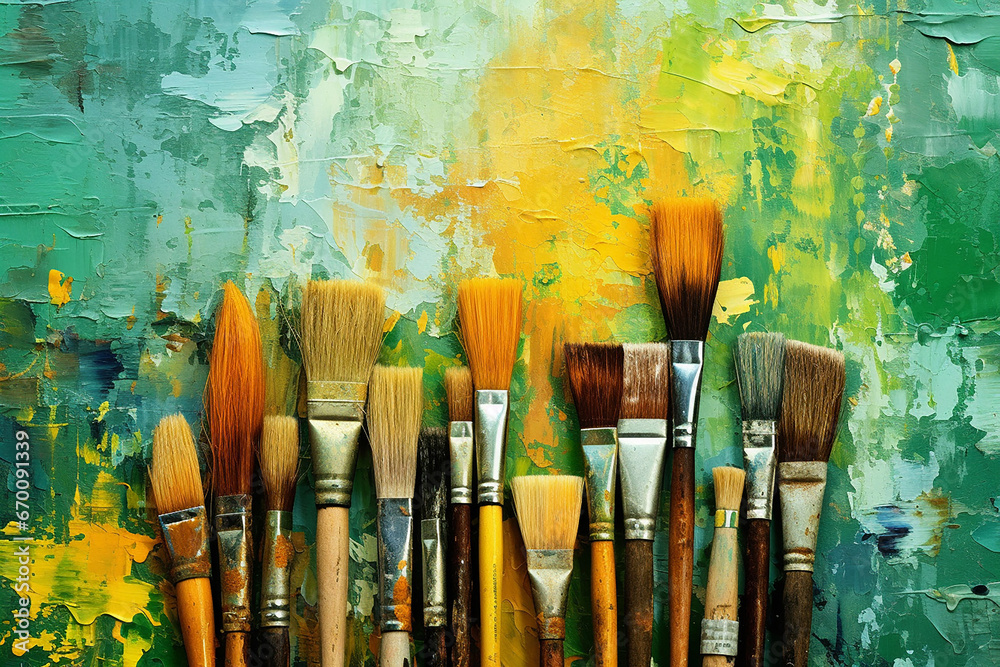 Obraz premium The line of many dirty painting brushes on colorful oil watercolor painted backgrounds. Generative AI.