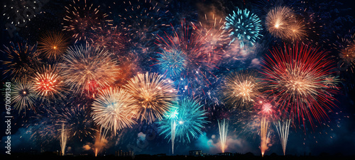bright multi-colored salute fireworks on a background of festive art 