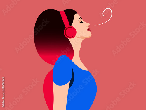 Woman with brown and pink hair with headphones performing a breathing exercise, sophrology