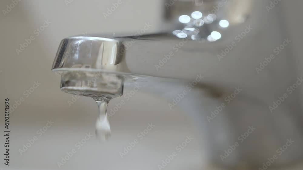 Water drops dripping from the bathroom faucet tap. Water leaking. Slow motion Water drops dripping from the bathroom faucet tap. Water leaking. Slow motion