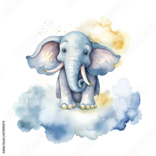 Cute 3D little elephant flying on a cloud kids cartoon illustration digital artwork isolated on white. Funny baby elephant, watercolor for, package, postcard, brochure, book