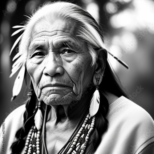 Black and white portrait of an elderly native American man.  Generative AI photo