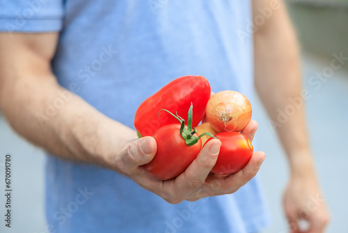 A man's hand holds vegetables. Selective focus on hands with blurred background