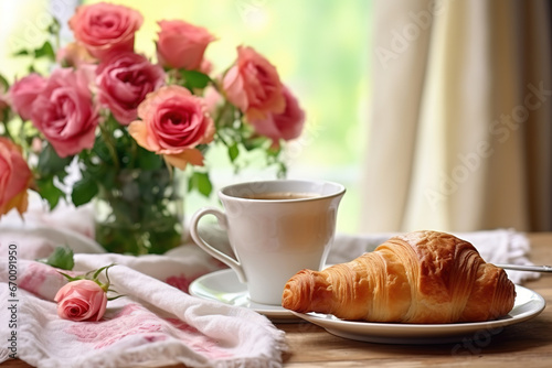 croissant and coffee cup in the morning with flowers and roses table setting as wide banner with copy space area
