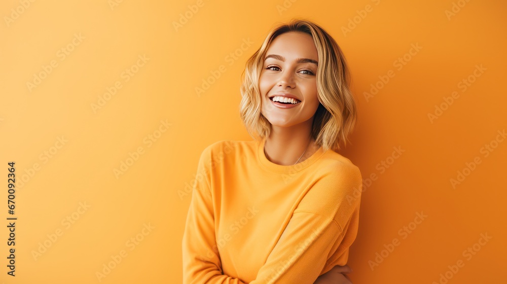 Obraz premium Confident and happy smiling woman on orange background and pointing in various directions