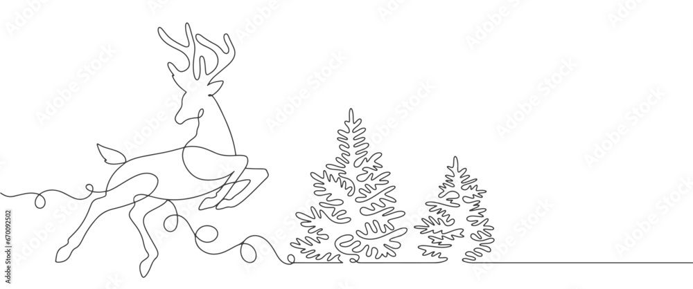 Deer and pine tree line art style vector illustration. Christmas theme element design