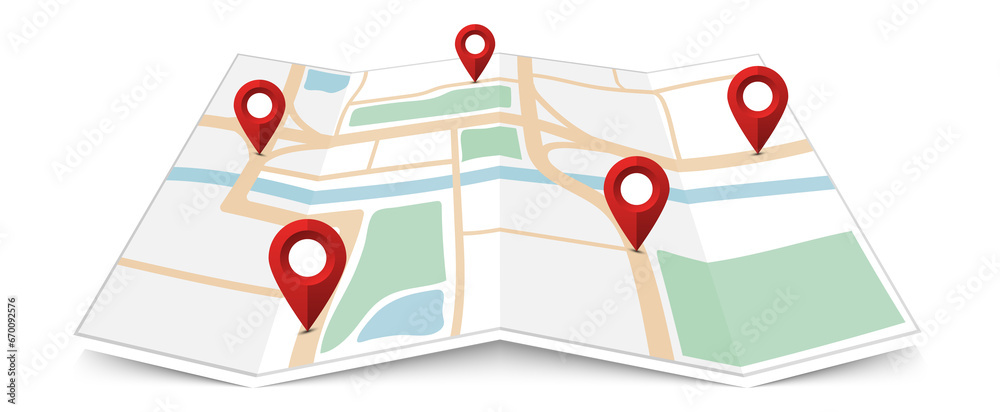 Obraz premium Folded paper city map with red pin pointer