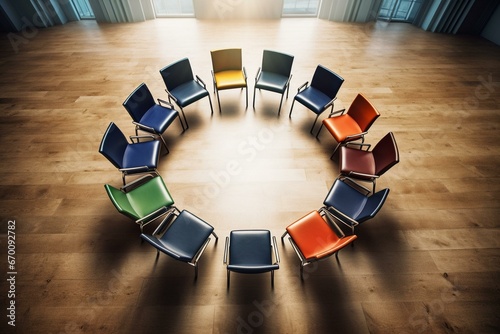 Circle of chairs - opinion, diversity, discussion, Europe. Generative AI