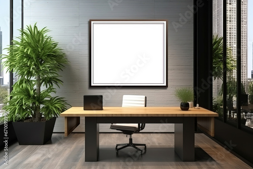 corporate branding white blank frame mockup with modern business offices background © arhendrix
