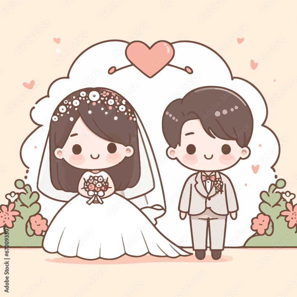 Cute cartoon wedding picture. Bride and groom in love, the vector Cute cartoon wedding picture. Bride and groom in love, the vector