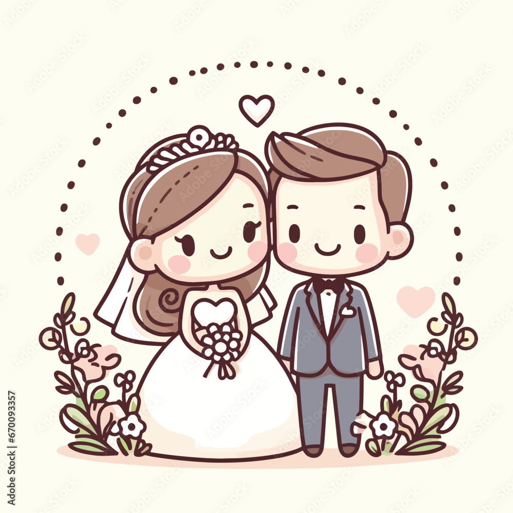 Cute cartoon wedding picture. Bride and groom in love, the vector Cute cartoon wedding picture. Bride and groom in love, the vector