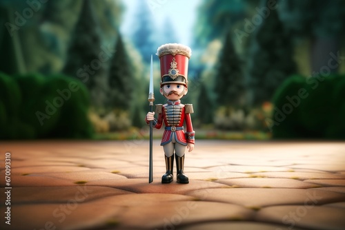 Cartoon 3D tin soldier standing on a garden path holding a lance - Generative AI photo