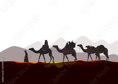 Desert camel caravan silhouette over the sunset