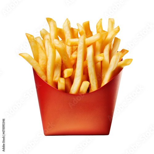 French fries in red paper cup isolated on transparent background, tasty fried gold potato chips for menu in carton fry box bag package wrapper, takeaway meal, fast junk food, side dish, snack, takeout