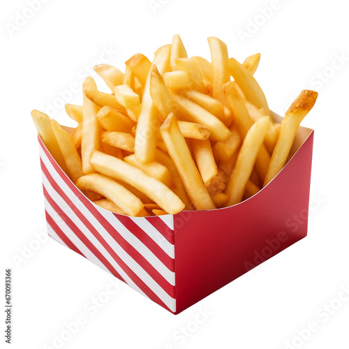 French fries in red and white stripped fry box isolated on transparent background, tasty fried gold potato chips for menu, carton cup bag package wrapper, takeaway meal, fast junk food, snack, takeout