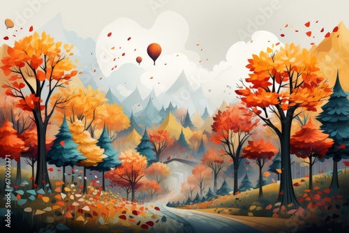 autumn cartoon scene, abstract illustration of autumn colors and trees