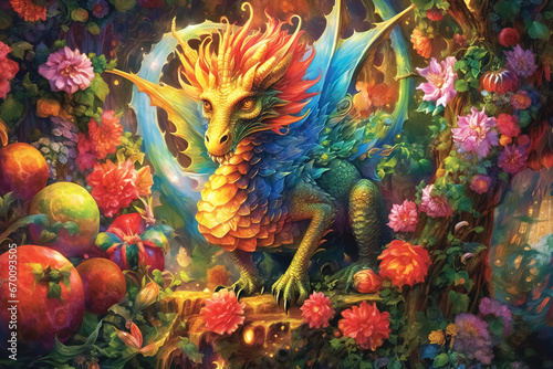 Chinese Dragon and flowers, 2024 Happy New year background. Generative Ai