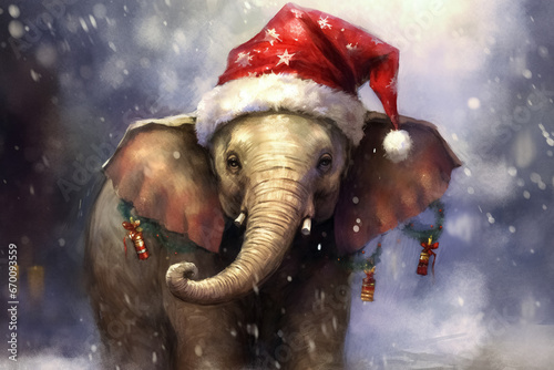 funny elephant wearing Santa's hat for Christmas. Generative Ai
