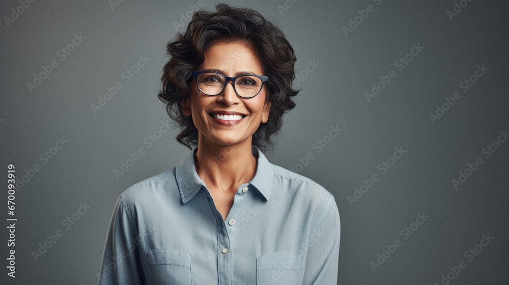 Smiling middle aged businesswoman in eyeglasses over autumn park outdoor background.