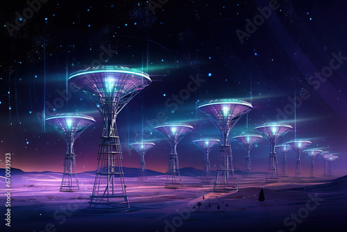 collection Set of Radio telescopes at night with starry nights releasing with hologram hud as wide banner for space research and discovery and futuristic communication concepts