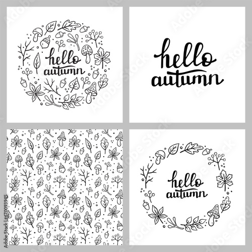 Autumn seamless pattern, HELLO AUTUMN handwritten lettering, round frame. Autumn decorative round design with Autumn elements. Vector illustration in Doodle style. Fall designs.