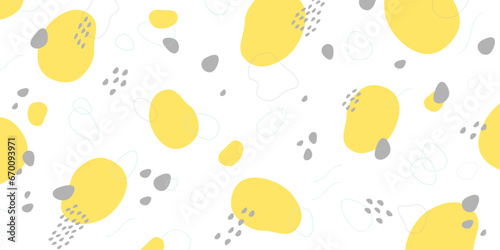 黄色、水色、グレーの抽象的パターン　ポップな雨模様　丸い小石　楕円