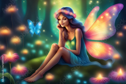 Beautiful fairy sitting in the magic forest. 3d rendering. Generative AI