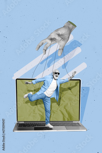 Placard image collage of cheerful funny man stand on netbook with tied hands addiction concept isolated over blue color background