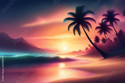 Beautiful sunset with palm trees on the beach. Generative AI © Photo Wall