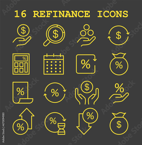 Refinance process icon dark or night mode set. Loan rate reduction to lender agreements symbol. Debt obligation with better interest rate. Housing loan, real estate mortgage. Flat vector illustration