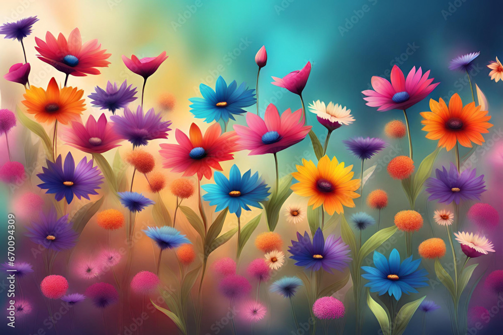 Colorful flowers on the background of the summer landscape. Generative AI