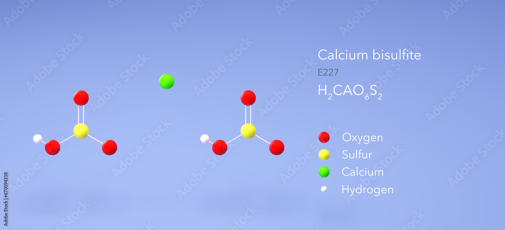 calcium bisulfite molecule, molecular structures, e227, 3d model, Structural Chemical Formula and Atoms with Color Coding calcium bisulfite molecule, molecular structures, e227, 3d model, Structural Chemical Formula and Atoms with Color Coding