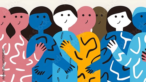 Illustration of diverse group of people holding hands. Unity, community, and mutual support. The essence of teamwork, cooperation, and the concept of helping each other in a multicultural society.