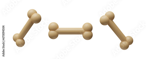 Set of 3D render bone. Realistic anatomy concept shape. Plasticine food for pet, dog, puppy. Vector collection illustration about healthy biscuit. Cartoon modern plastic feed. Clay object for animals
