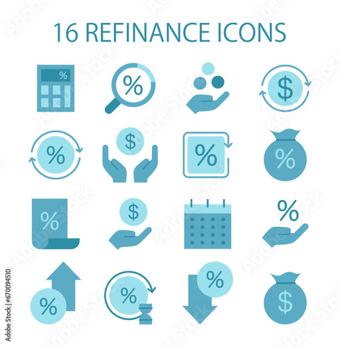 Refinance process icon set. Loan rate reduction to lender agreements symbol. Debt obligation with better interest rate. Housing loan, real estate mortgage. Flat vector illustration